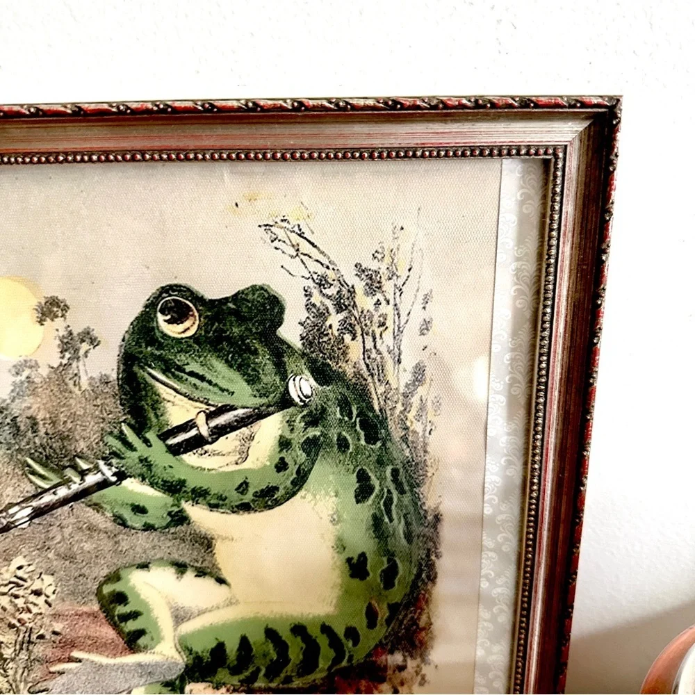 Frog Playing Flute in the Moonlight Vintage Style Canvas Print Silver Frame Art